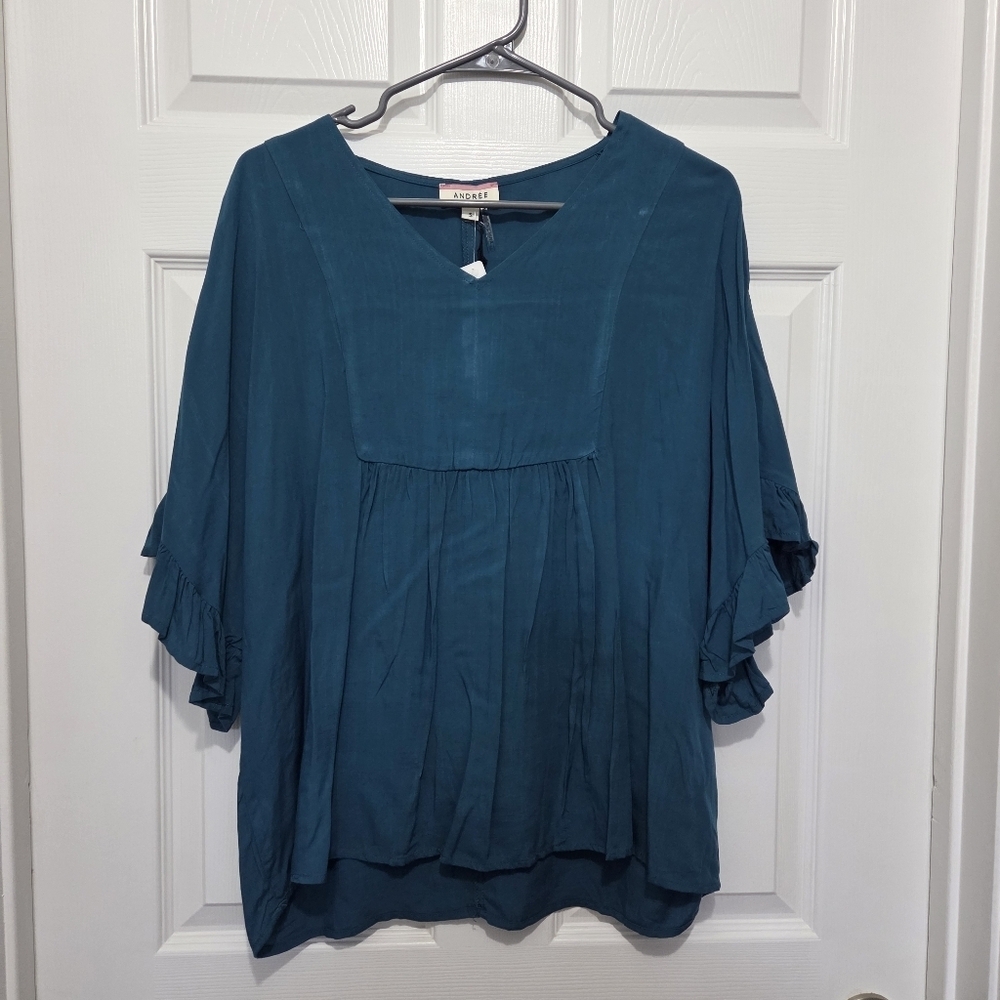 ANDREE By Unit V-neck Flowy Peasant Ruffled Short Sleeve Teal Blouse Size Small - Picture 1 of 7